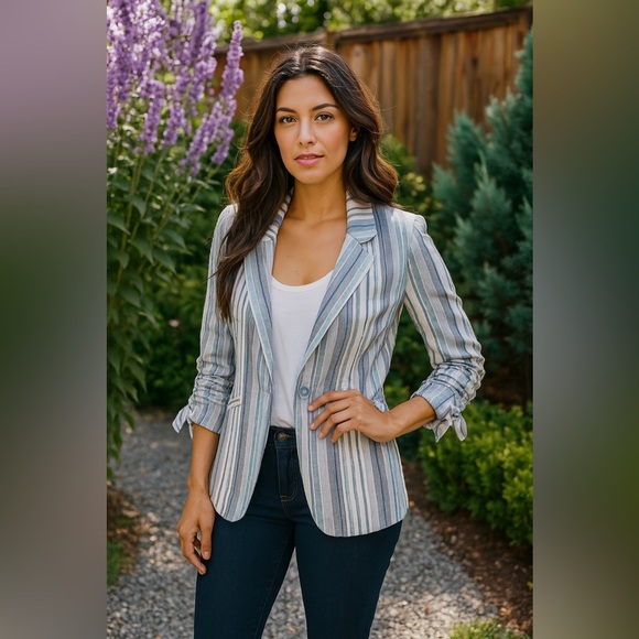 Drew Striped Ruched Sleeve Blazer Jacket Navy/Natural/Grey Size Small - Picture 1 of 9